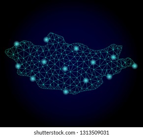 Glossy polygonal mesh map of Mongolia. Abstract mesh lines, triangles, light spots and points on dark background with map of Mongolia.