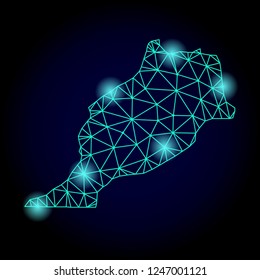 Glossy polygonal mesh map of Morocco with glow effect. Abstract mesh lines, triangles, light spots and points on dark background with map of Morocco.