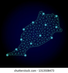Glossy polygonal mesh map of Morocco. Abstract mesh lines, triangles, light spots and points on dark background with map of Morocco.