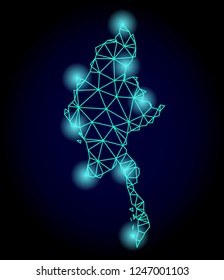 Glossy polygonal mesh map of Myanmar with glare effect. Abstract mesh lines, triangles, light spots and points on dark background with map of Myanmar.