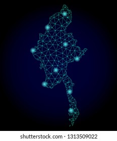 Glossy polygonal mesh map of Myanmar. Abstract mesh lines, triangles, light spots and points on dark background with map of Myanmar.