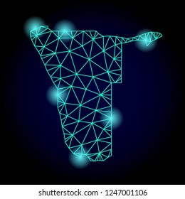 Glossy polygonal mesh map of Namibia with glow effect. Abstract mesh lines, triangles, light spots and points on dark background with map of Namibia.