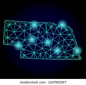 Glossy polygonal mesh map of Nebraska State with glare effect. Abstract mesh lines, triangles, light spots and points on dark background with map of Nebraska State.