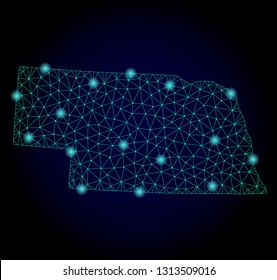 Glossy polygonal mesh map of Nebraska State. Abstract mesh lines, triangles, light spots and points on dark background with map of Nebraska State.