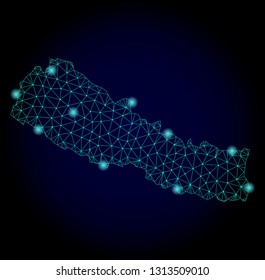 Glossy polygonal mesh map of Nepal. Abstract mesh lines, triangles, light spots and points on dark background with map of Nepal.