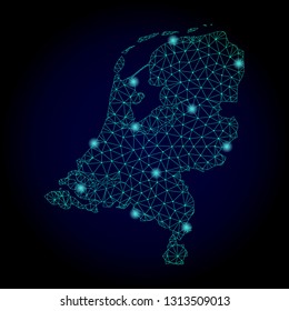 Glossy polygonal mesh map of Netherlands. Abstract mesh lines, triangles, light spots and points on dark background with map of Netherlands.