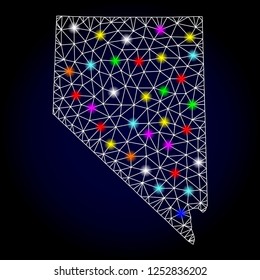 Glossy polygonal mesh map of Nevada State with glow effect. Vector carcass map of Nevada State with glowing multi colored dots for New Year templates. White mesh lines. Dark blue background.