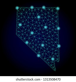 Glossy polygonal mesh map of Nevada State. Abstract mesh lines, triangles, light spots and points on dark background with map of Nevada State.