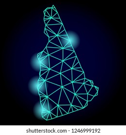 Glossy polygonal mesh map of New Hampshire State with glow effect. Abstract mesh lines, triangles, light spots and points on dark background with map of New Hampshire State.
