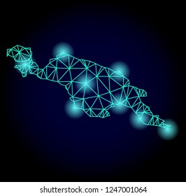 Glossy polygonal mesh map of New Guinea Island with glare effect. Abstract mesh lines, triangles, light spots and points on dark background with map of New Guinea Island.