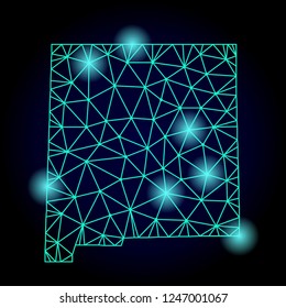 Glossy polygonal mesh map of New Mexico State with glow effect. Abstract mesh lines, triangles, light spots and points on dark background with map of New Mexico State.