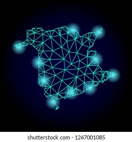 Glossy polygonal mesh map of New Brunswick Province with glow effect. Abstract mesh lines, triangles, light spots and points on dark background with map of New Brunswick Province.