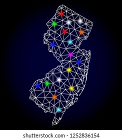 Glossy polygonal mesh map of New Jersey State with glow effect. Vector carcass map of New Jersey State with glowing multi colored points for Christmas templates. White mesh lines.