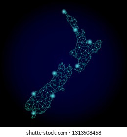 Glossy polygonal mesh map of New Zealand. Abstract mesh lines, triangles, light spots and points on dark background with map of New Zealand.