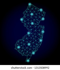 Glossy polygonal mesh map of New Jersey State. Abstract mesh lines, triangles, light spots and points on dark background with map of New Jersey State.