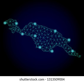 Glossy polygonal mesh map of New Guinea Island. Abstract mesh lines, triangles, light spots and points on dark background with map of New Guinea Island.