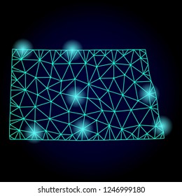 Glossy polygonal mesh map of North Dakota State with glow effect. Abstract mesh lines, triangles, light spots and points on dark background with map of North Dakota State.