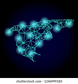 Glossy polygonal mesh map of North America and Greenland with glare effect. Abstract mesh lines, triangles, light spots and points on dark background with map of North America and Greenland.