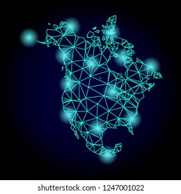 Glossy polygonal mesh map of North America with glare effect. Abstract mesh lines, triangles, light spots and points on dark background with map of North America.