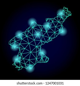 Glossy polygonal mesh map of North Korea with glow effect. Abstract mesh lines, triangles, light spots and points on dark background with map of North Korea.
