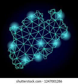 Glossy polygonal mesh map of North Rhine-Westphalia State with glow effect. Abstract mesh lines, triangles, light spots and points on dark background with map of North Rhine-Westphalia State.