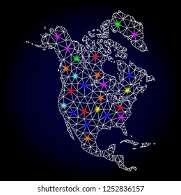 Glossy polygonal mesh map of North America with glare effect. Vector carcass map of North America with glowing multi colored dots for Christmas templates. White mesh lines. Dark blue background.