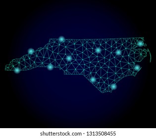 Glossy polygonal mesh map of North Carolina State. Abstract mesh lines, triangles, light spots and points on dark background with map of North Carolina State.