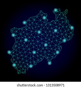 Glossy polygonal mesh map of North Rhine-Westphalia State. Abstract mesh lines, triangles, light spots and points on dark background with map of North Rhine-Westphalia State.