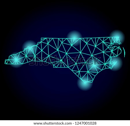 Glossy polygonal mesh map of North Carolina State with glow effect. Abstract mesh lines, triangles, light spots and points on dark background with map of North Carolina State.