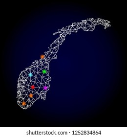 Glossy polygonal mesh map of Norway with glow effect. Vector carcass map of Norway with glowing multi colored spheres for Christmas illustrations. White mesh lines. Dark blue background.