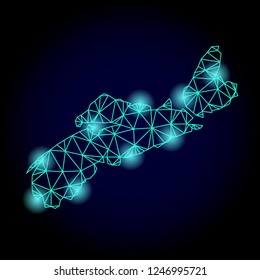 Glossy polygonal mesh map of Nova Scotia Province with glare effect. Abstract mesh lines, triangles, light spots and points on dark background with map of Nova Scotia Province.