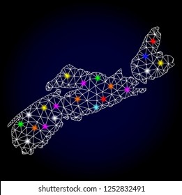 Glossy polygonal mesh map of Nova Scotia Province with glow effect. Vector carcass map of Nova Scotia Province with glowing multi colored dots for Christmas purposes. White mesh lines.