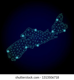Glossy polygonal mesh map of Nova Scotia Province. Abstract mesh lines, triangles, light spots and points on dark background with map of Nova Scotia Province.