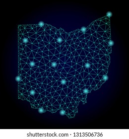 Glossy polygonal mesh map of Ohio State. Abstract mesh lines, triangles, light spots and points on dark background with map of Ohio State.
