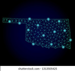 Glossy polygonal mesh map of Oklahoma State. Abstract mesh lines, triangles, light spots and points on dark background with map of Oklahoma State.
