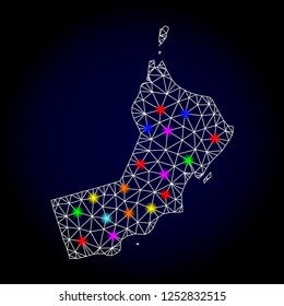Glossy polygonal mesh map of Oman with glow effect. Vector carcass map of Oman with glowing multi colored dots for New Year purposes. White mesh lines. Dark blue background. Constellation effect.