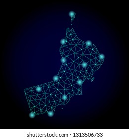 Glossy polygonal mesh map of Oman. Abstract mesh lines, triangles, light spots and points on dark background with map of Oman.