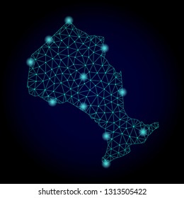 Glossy polygonal mesh map of Ontario Province. Abstract mesh lines, triangles, light spots and points on dark background with map of Ontario Province.