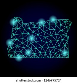 Glossy polygonal mesh map of Oregon State with glare effect. Abstract mesh lines, triangles, light spots and points on dark background with map of Oregon State.