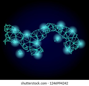 Glossy polygonal mesh map of Panama with glow effect. Abstract mesh lines, triangles, light spots and points on dark background with map of Panama.