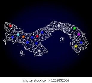 Glossy polygonal mesh map of Panama with glow effect. Vector carcass map of Panama with glowing multi colored points for New Year templates. White mesh lines. Dark blue background.