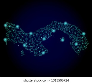 Glossy polygonal mesh map of Panama. Abstract mesh lines, triangles, light spots and points on dark background with map of Panama.