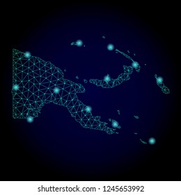Glossy polygonal mesh map of Papua New Guinea. Abstract mesh lines, triangles, light spots and points on dark background with map of Papua New Guinea.