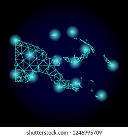 Glossy polygonal mesh map of Papua New Guinea with glow effect. Abstract mesh lines, triangles, light spots and points on dark background with map of Papua New Guinea.