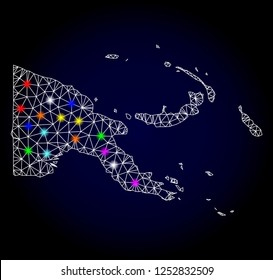 Glossy polygonal mesh map of Papua New Guinea with glare effect. Vector carcass map of Papua New Guinea with glowing multi colored dots for Christmas templates. White mesh lines. Dark blue background.