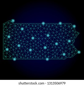 Glossy polygonal mesh map of Pennsylvania State. Abstract mesh lines, triangles, light spots and points on dark background with map of Pennsylvania State.
