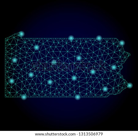 Glossy polygonal mesh map of Pennsylvania State. Abstract mesh lines, triangles, light spots and points on dark background with map of Pennsylvania State.