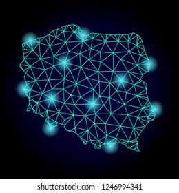 Glossy polygonal mesh map of Poland with glare effect. Abstract mesh lines, triangles, light spots and points on dark background with map of Poland.