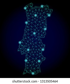 Glossy polygonal mesh map of Portugal. Abstract mesh lines, triangles, light spots and points on dark background with map of Portugal.