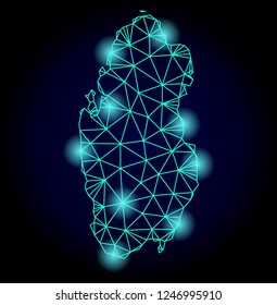 Glossy polygonal mesh map of Qatar with glare effect. Abstract mesh lines, triangles, light spots and points on dark background with map of Qatar.